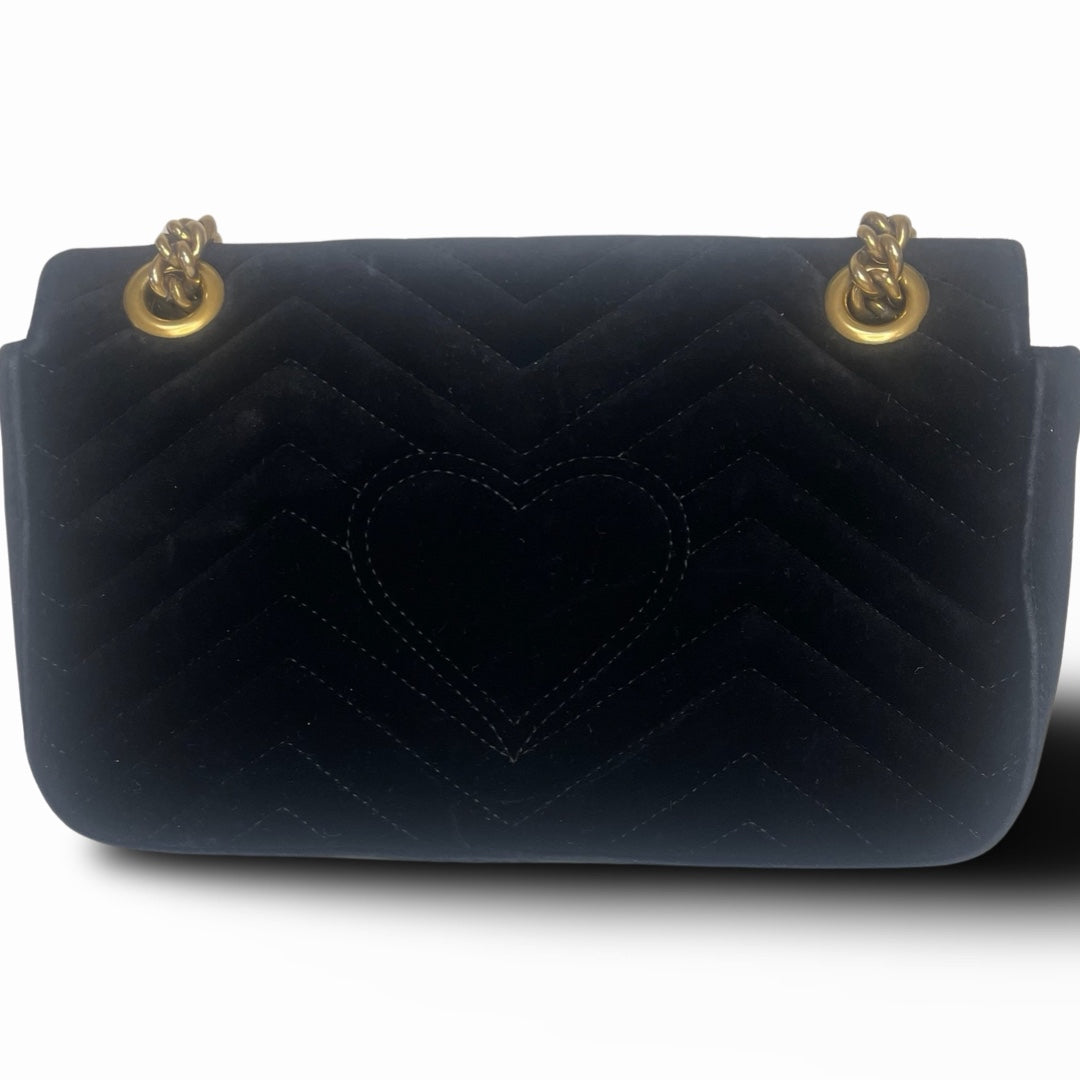 Pre-Owned Gucci Black Velvet GG Embellished Marmont Heart Crossbody Bag
