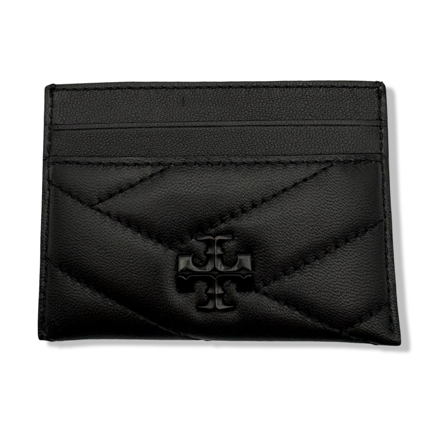 Pre-Owned Tory Burch Kira Chevron Powder Coated Black Leather Card Case