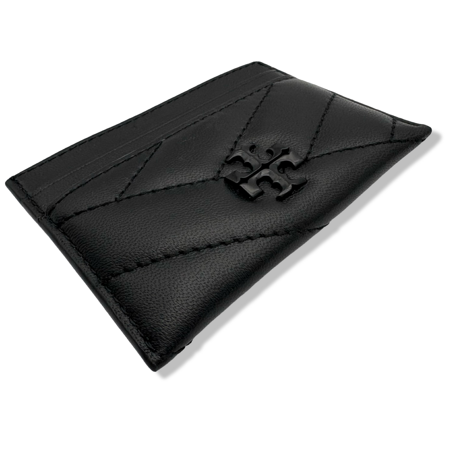 Pre-Owned Tory Burch Kira Chevron Powder Coated Black Leather Card Case