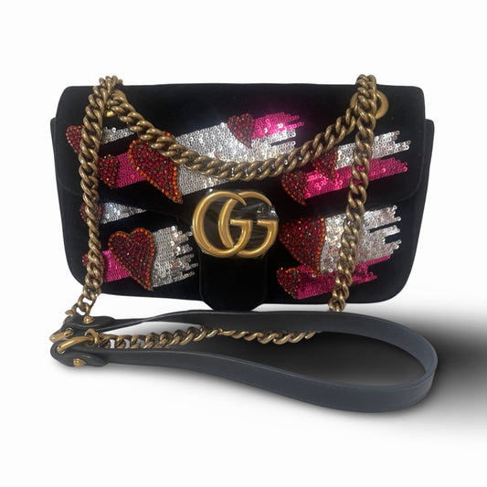 Pre-Owned Gucci Black Velvet GG Embellished Marmont Heart Crossbody Bag