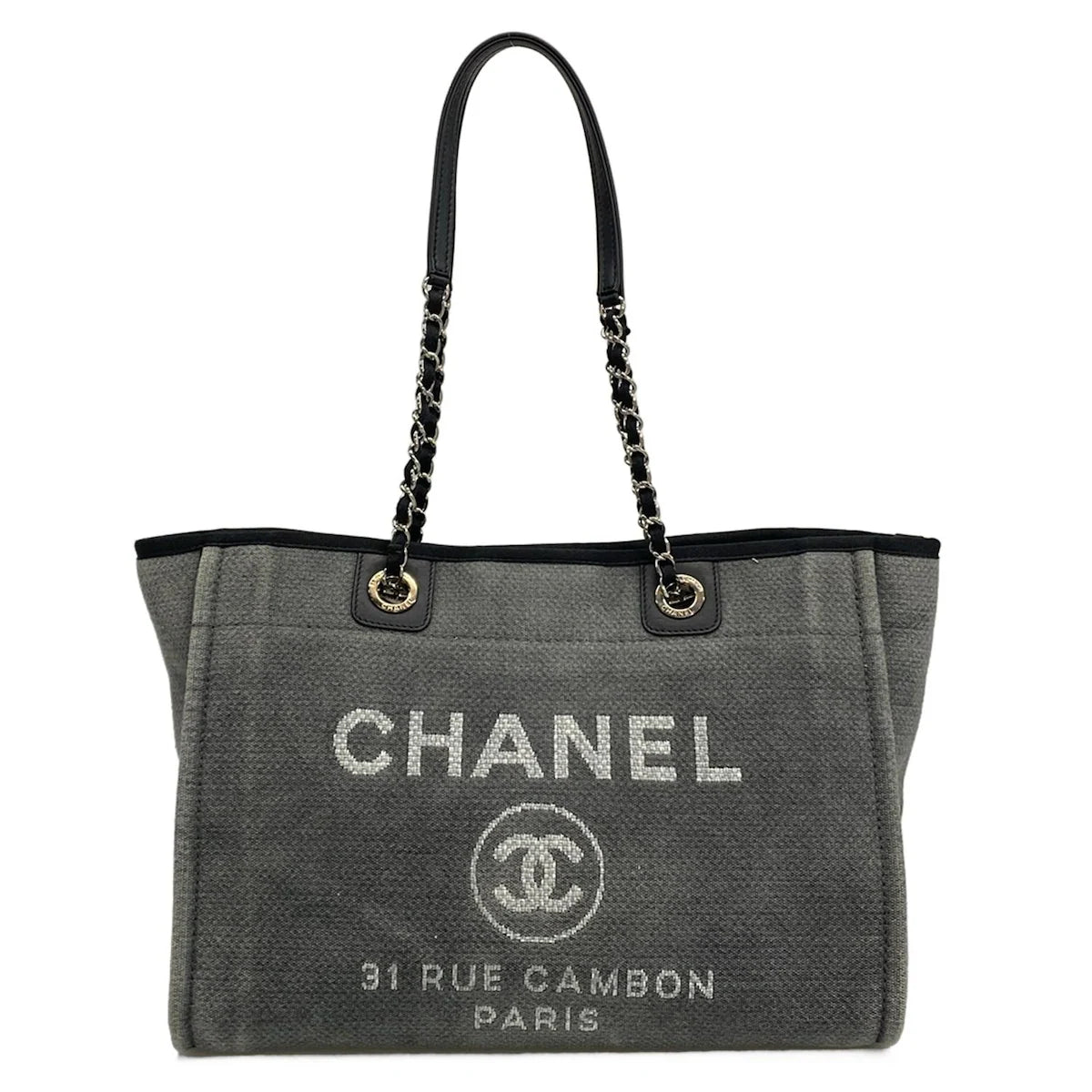 Pre-Owned Chanel Deauville MM Canvas and Leather Tote Bag Gray - CH1046