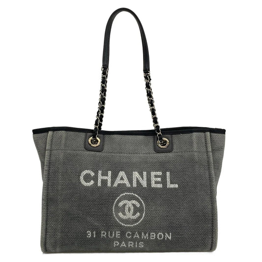 Pre-Owned Chanel Deauville MM Canvas and Leather Tote Bag Gray - CH1046