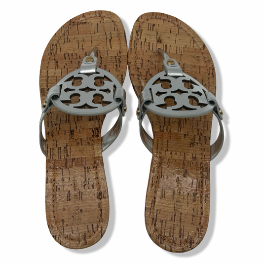 Pre-Owned Tory Burch Women's Miller Sandals with Rivits + Handtack Stitch, Silver/Natural