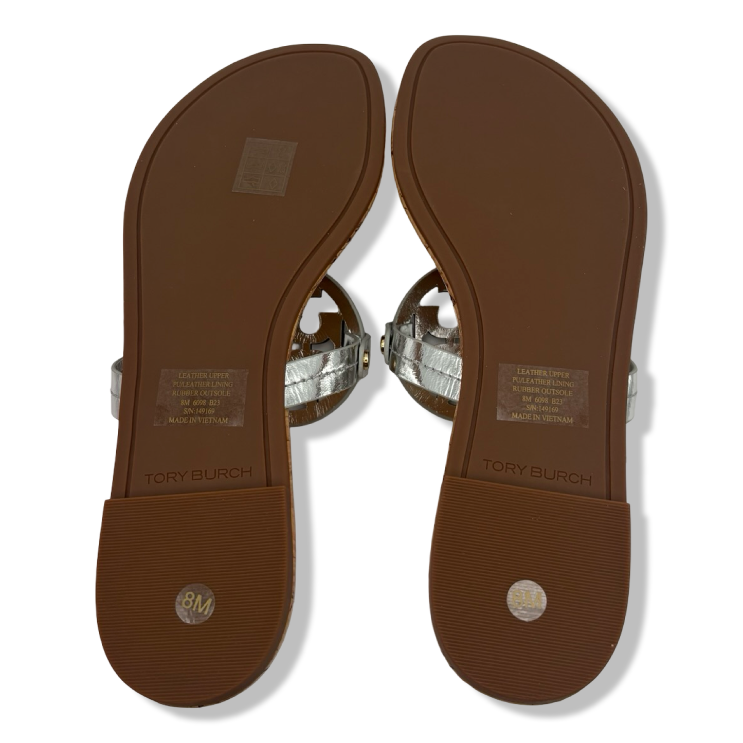 Pre-Owned Tory Burch Women's Miller Sandals with Rivits + Handtack Stitch, Silver/Natural