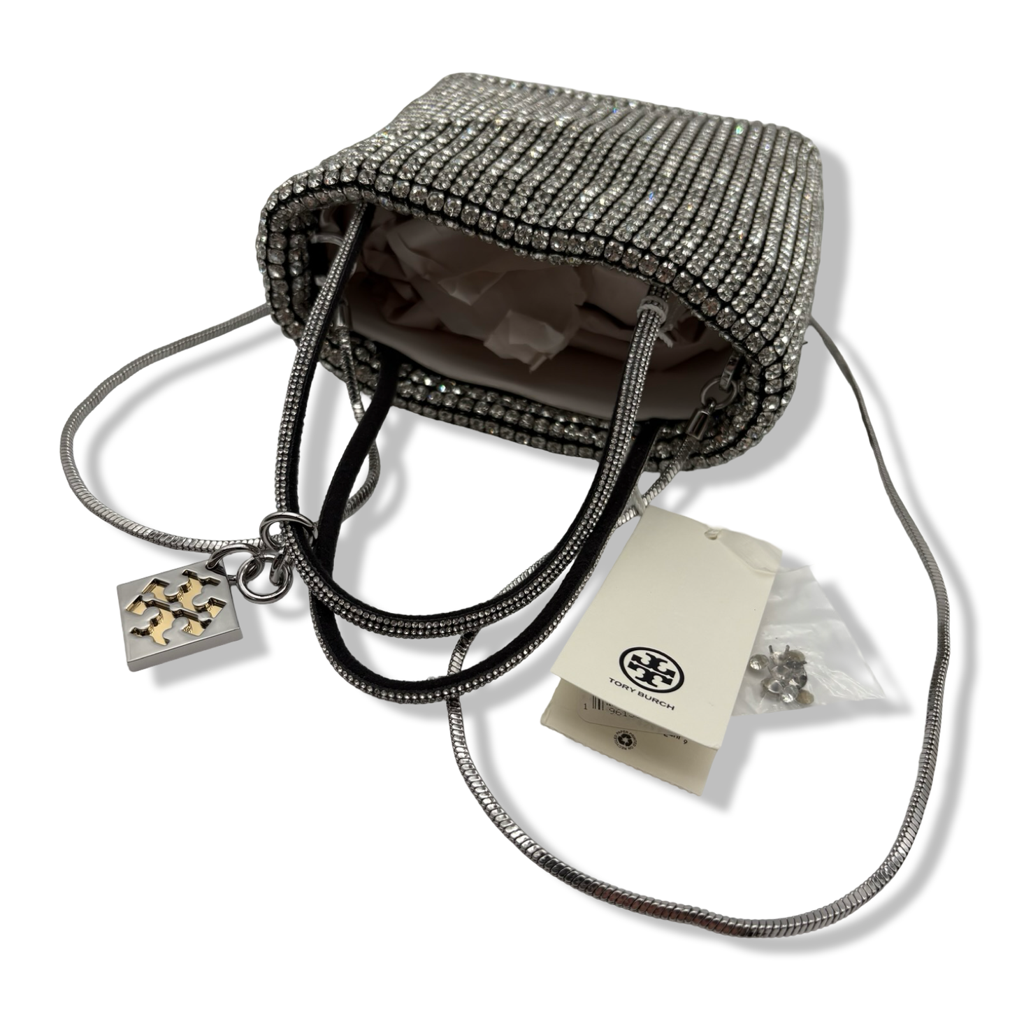 Pre-Owned Tory Burch Women's Night Owl Crystal Embellished Mini Tote, Silver, Medium - B0CLWK641R