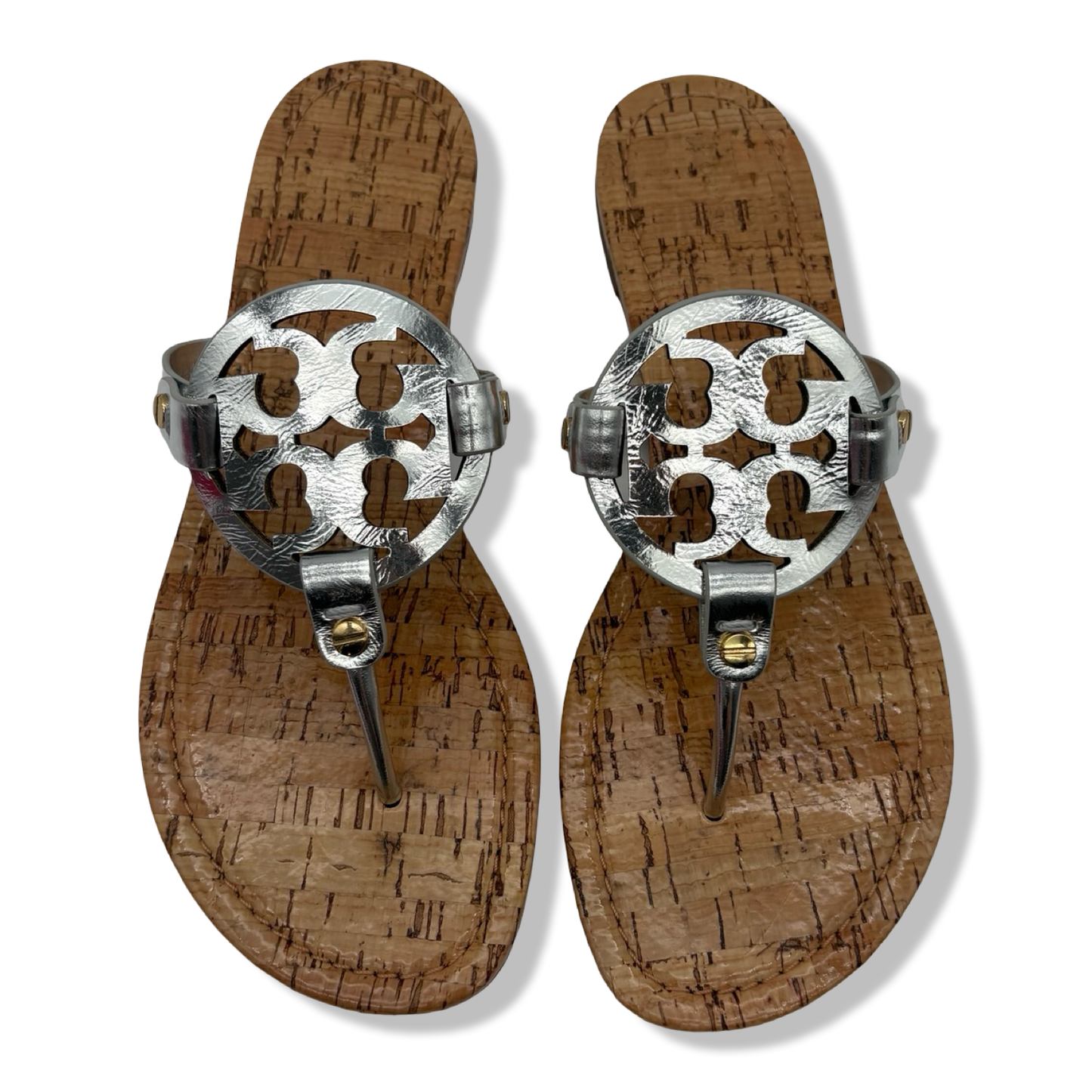 Pre-Owned Tory Burch Women's Miller Sandals with Rivits + Handtack Stitch, Silver/Natural