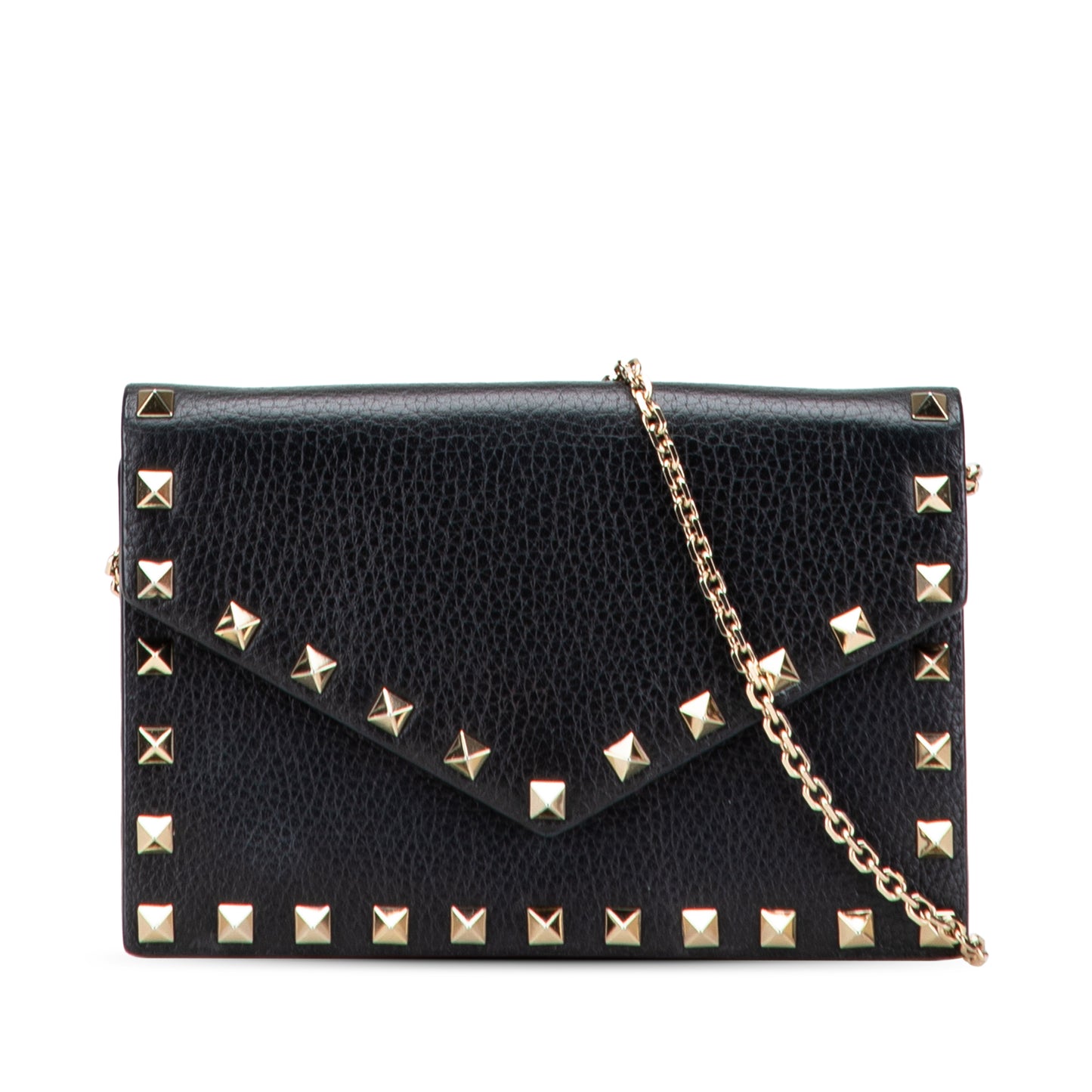 Pre-Owned Valentino Pebbled Calfskin Rockstud Envelope Wallet on Chain - VAL1001