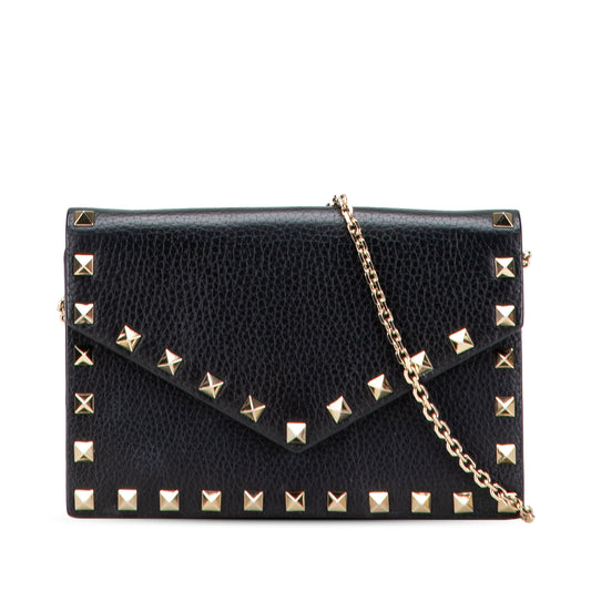 Pre-Owned Valentino Pebbled Calfskin Rockstud Envelope Wallet on Chain - VAL1001
