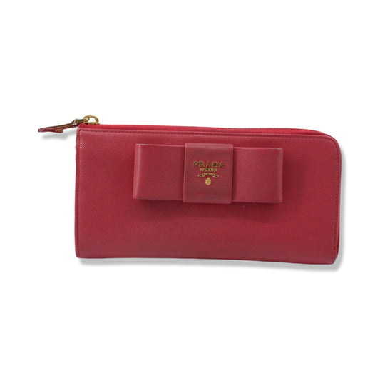 Pre-Owned Prada Saffiano Leather Pink Bow L-Shaped Wallet - P1018