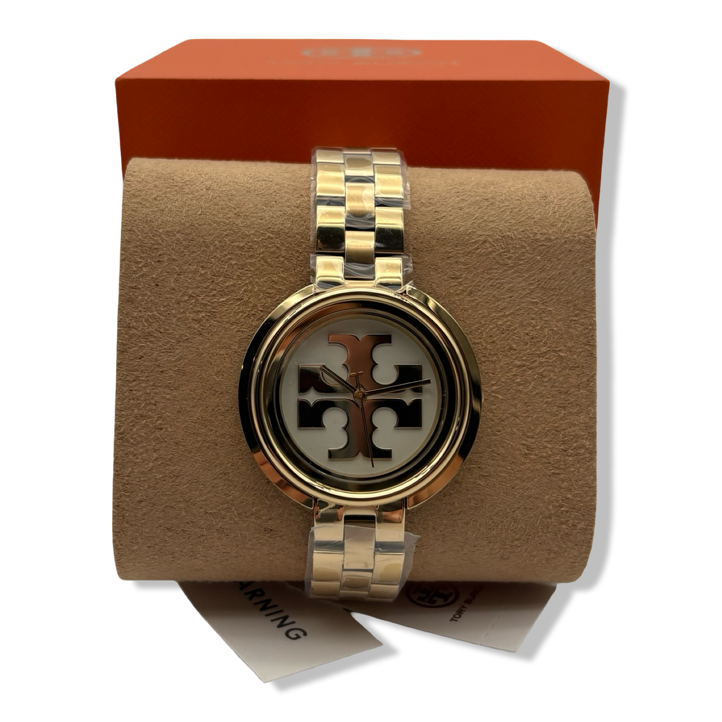Pre-Owned Tory Burch TBW6208 Miller Womens Gold Dress Watch, White Logo Dial, Stainless Steel Band - B0CKTS7624