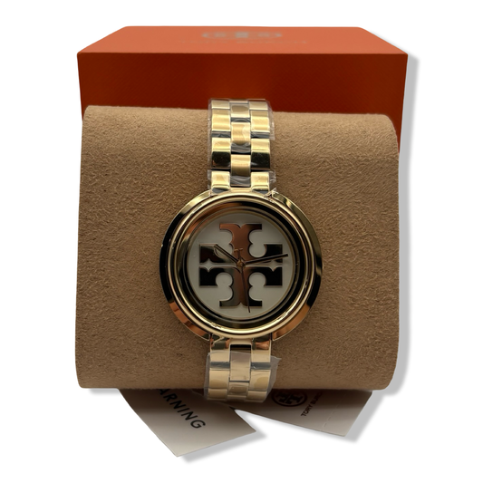 Pre-Owned Tory Burch TBW6208 Miller Womens Gold Dress Watch, White Logo Dial, Stainless Steel Band - B0CKTS7624