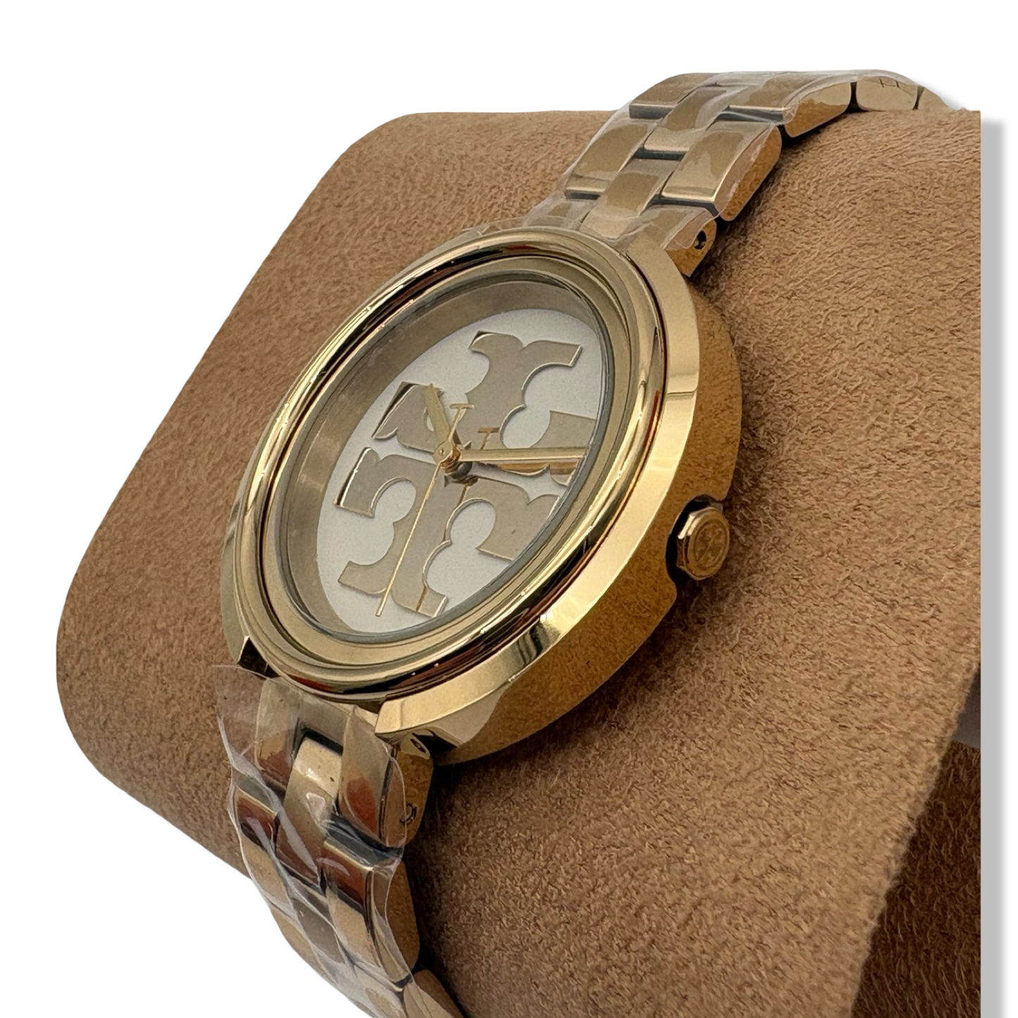 Pre-Owned Tory Burch TBW6208 Miller Womens Gold Dress Watch, White Logo Dial, Stainless Steel Band - B0CKTS7624