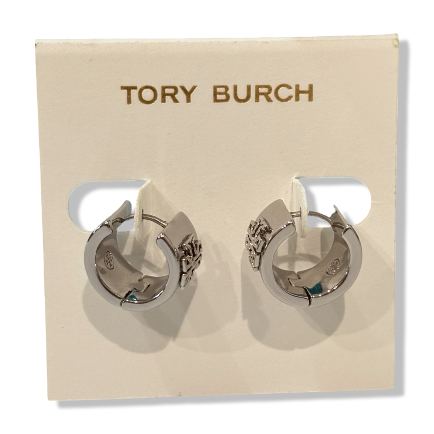 Pre-Owned Tory Burch Women's Britten Huggie Small & Wide Hoop with Double T Logo (Silver - 022) - B0B1LHDC5L